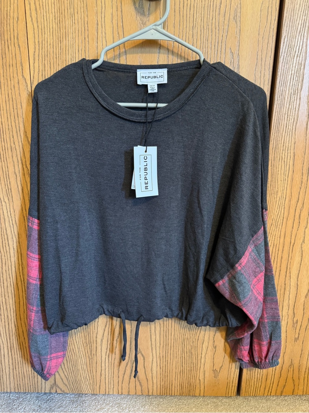For The Republic Black Crop Top with Pink Plaid Sleeves